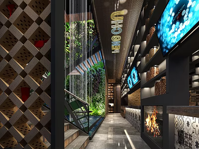 Modern Restaurant Interior Design With Green Plant Wall Staircase Display Shelves And Lighting 3d model