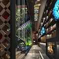 Modern Restaurant Interior Design With Green Plant Wall Staircase Display Shelves And Lighting