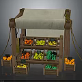 Fresh Fruits and Vegetables Displayed at Wooden Market Stall with Price Signs and Crates