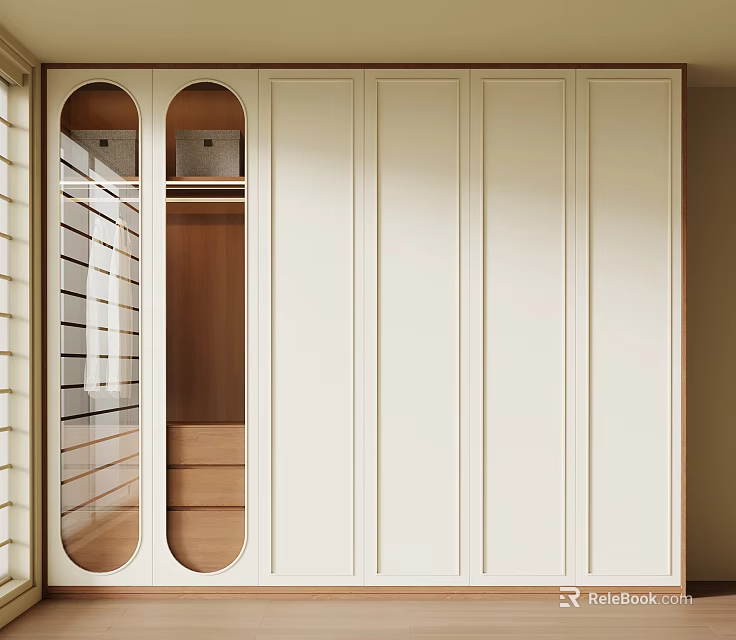 Modern Minimalist Wardrobe Featuring Circular Glass Doors With Storage Boxes And White Double Doors 3d model 