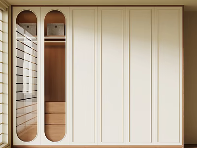 Modern Minimalist Wardrobe Featuring Circular Glass Doors With Storage Boxes And White Double Doors 3d model