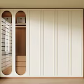 Modern Minimalist Wardrobe Featuring Circular Glass Doors With Storage Boxes And White Double Doors