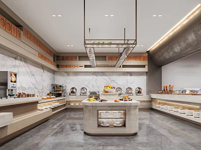 Spacious Restaurant Interior Featuring Central Buffet Island Marble Counter And Pendant Lights 3d model