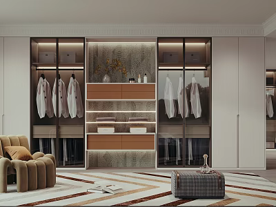 Elegant Modern Walk in Closet with Glass Door Cabinets Hanging Clothes Drawers and Shelves 3d model