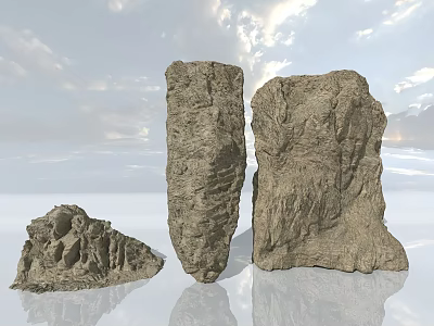 Three Natural Stones in Various Shapes with Sky Background and Water Reflection 3d model