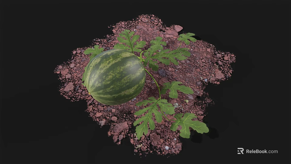 Fresh Ripe Watermelon With Green Leaves On Brown Soil 3d model 