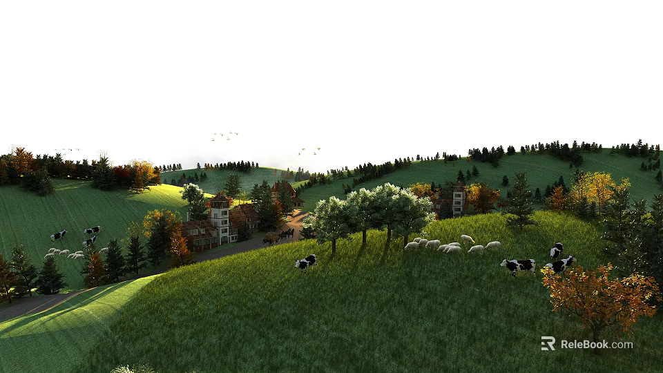 Rural Landscape With Lush Green Meadow Grazing Cows Scattered Trees Distant House On Rolling Hills 3d model 