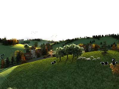Rural Landscape With Lush Green Meadow Grazing Cows Scattered Trees Distant House On Rolling Hills 3d model
