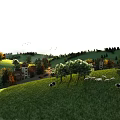 Rural Landscape With Lush Green Meadow Grazing Cows Scattered Trees Distant House On Rolling Hills