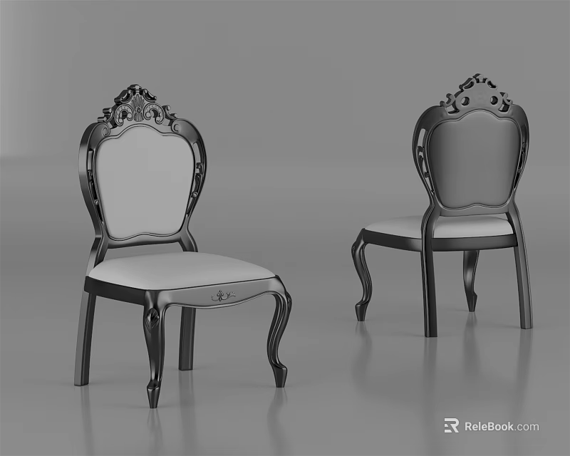 Elegant Leisure Chairs with Ornate Carvings Dark Wooden Frame and Light Upholstered Seats 3d model 