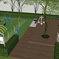 Residential Landscape With Green Lawn Wooden Deck Trees Play Structures And Seating Area