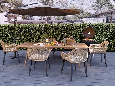 Rattan Outdoor Leisure Chairs In Garden Dining Area With Wooden Table Umbrella Grill And Greenery 3d model
