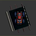 Red Monster Truck Featuring Large Blue Wheels And Roof Equipment On Display Platform Road Surface
