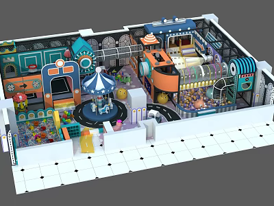 Indoor Playground Interior Design With Carousel Slides Ball Pit And Interactive Zones 3d model