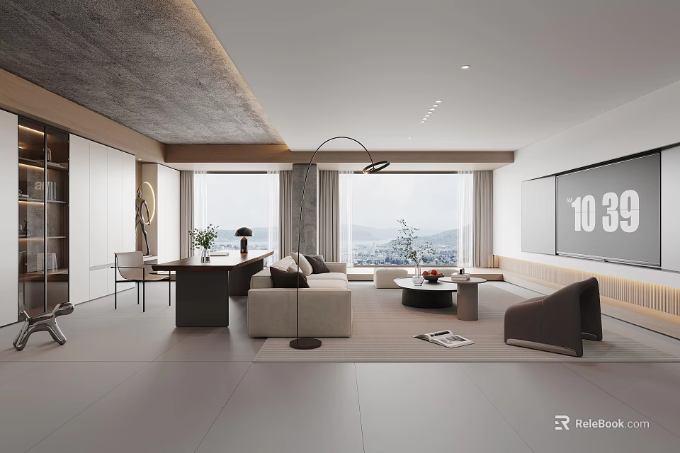 Modern Living Room Interior With Comfortable Sofa Coffee Table Large Window And TV 3d model 