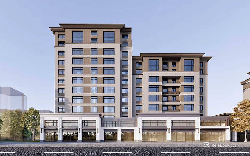 Modern Multi story Apartment Building Exterior With Ground Floor Shops And Glass Windows 3d model 