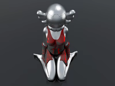Detailed Metallic Doll With Silver Head Red Accents And Kneeling Pose 3d model