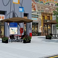 Vibrant Commercial Street with Traditional Chinese Signs Storefronts Awnings Outdoor Seating and Green Plants