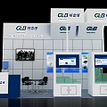 GLB Exhibition Booth With Modern White Blue Design And Display Screens Tables Chairs