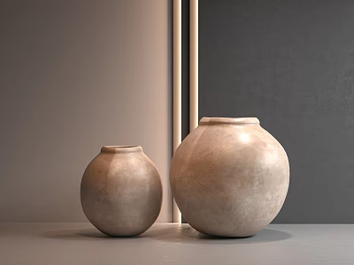 Minimalist Modern Decorative Ornament Set With Two Beige Ceramic Vases On Tabletop 3d model