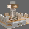 Modern Exhibition Booth Design With Multiple Logo Displays And Display Shelves