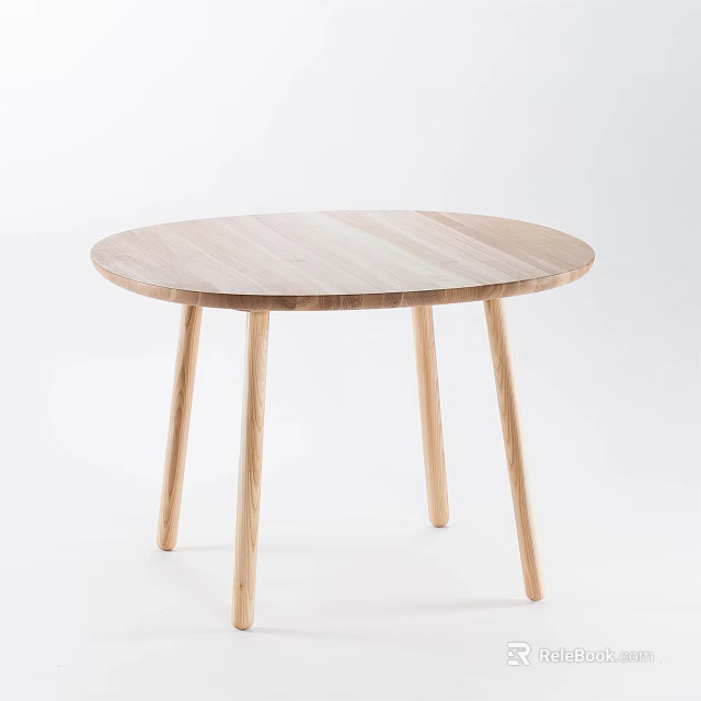 Round Light Wood Dining Table With Four Slender Legs In Simple White Setting 3d model