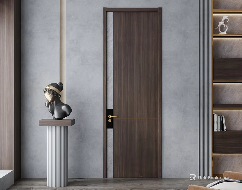 Modern Wooden Hinged Door With Golden Handle In Contemporary Interior Setting 3d model 