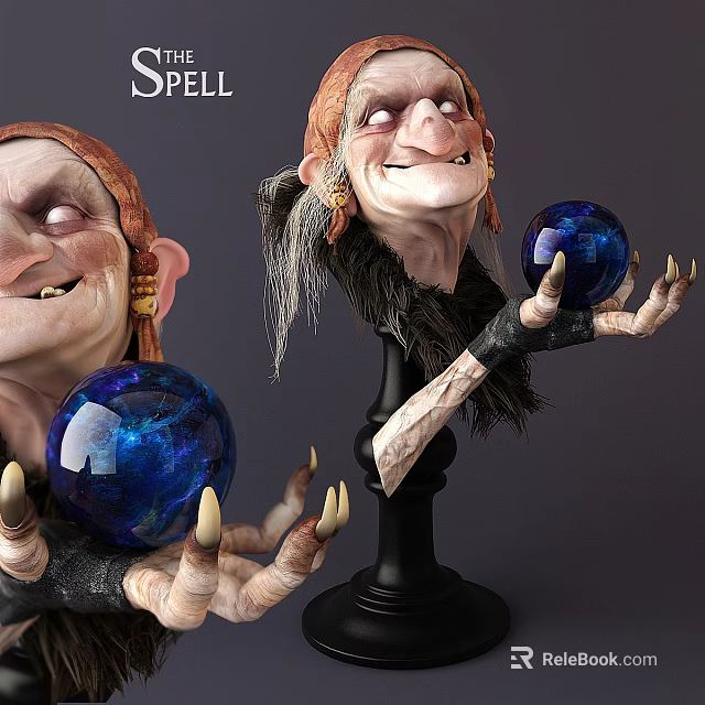Creative Wall Decor Featuring Character Head Sculptures Holding Blue Crystal Balls 3d model 