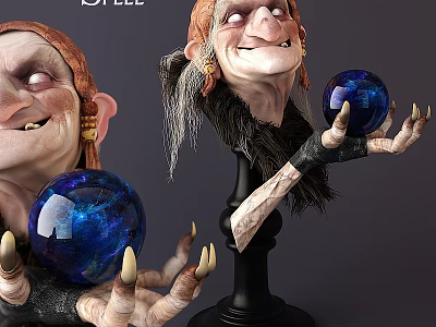 Creative Wall Decor Featuring Character Head Sculptures Holding Blue Crystal Balls 3d model