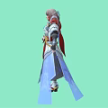 Fantasy 3D Character With Gray Hair Red Highlights White Blue Outfit And Golden Cloak Decorations