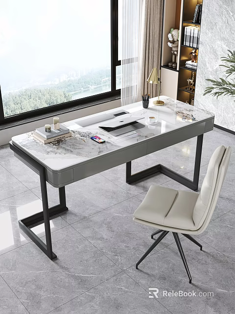 Marble Top Desk With Black Metal Legs Laptop Phone And Leather Chair By Large Window 3d model 