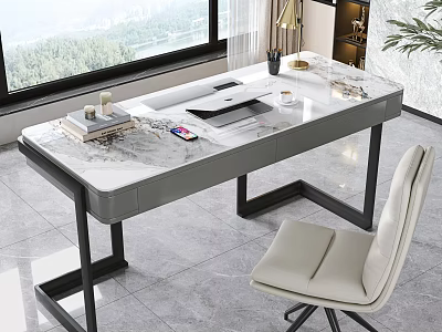 Marble Top Desk With Black Metal Legs Laptop Phone And Leather Chair By Large Window 3d model
