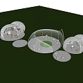 White Openwork Pergola Design With Seating On Green Grass And Circular Platforms