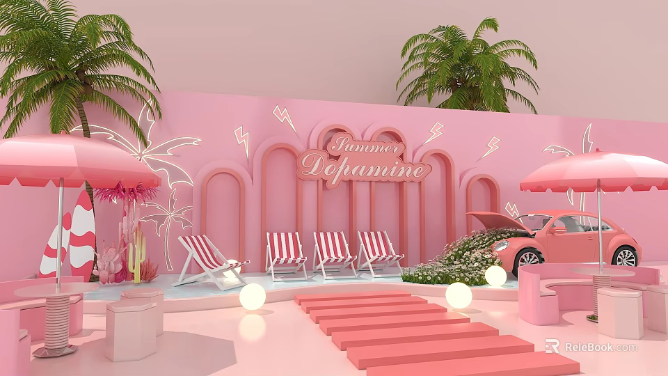 Pink Summer Delight Scene With Deck Chairs Palm Trees Umbrella And Car 3d model 