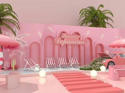 Pink Summer Delight Scene With Deck Chairs Palm Trees Umbrella And Car 3d model