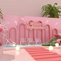Pink Summer Delight Scene With Deck Chairs Palm Trees Umbrella And Car