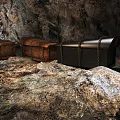 Cave With Treasure Chests Chains And Rocky Ground Illuminated By Light 3d model