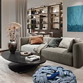 Modern Living Dining Room Interior Design With Sofa Coffee Table Bookshelf Window And Painting