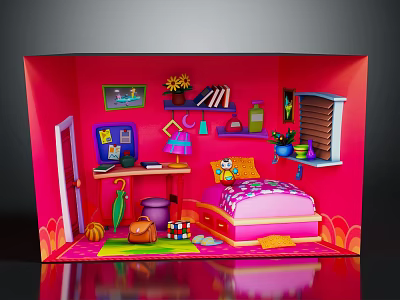 Pink Themed Kids Bedroom Interior With Bed Bookshelf Toys And Decorations 3d model