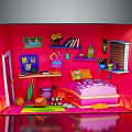 Pink Themed Kids Bedroom Interior With Bed Bookshelf Toys And Decorations