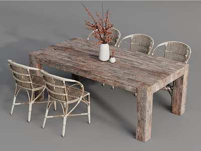 Rustic Wooden Dining Table Set with White Framed Wicker Chairs and Vase with Twigs 3d model