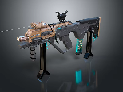 Futuristic Sci-Fi Weapon With Gold Black Scope Glowing Blue Accents And Black Stand 3d model