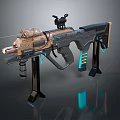 Futuristic Sci-Fi Weapon With Gold Black Scope Glowing Blue Accents And Black Stand