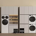 Modern Laundry Room Interior With White Cabinets Stacked Washing Machine And Dryer