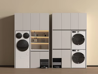 Modern Laundry Room Interior With White Cabinets Stacked Washing Machine And Dryer 3d model