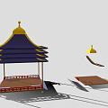 Cartoon Style Traditional Pagoda Scene With Multi Tiered Blue Roof Yellow Top And Red Railings