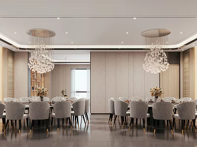 Elegant Modern Private Dining Room Interior With Dining Tables Chairs Chandeliers And Decorative Flowers 3d model