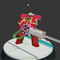 Red Robot With Long Gun And Sword Standing On White Platform With Blue Light Effects