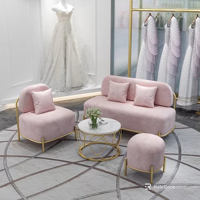 Elegant Clothing Store Interior With Pink Sofa Gold Accents And Wedding Dresses 3d model 