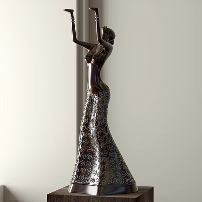 Elegant Female Sculpture With Intricate Patterned Long Dress And Raised Arms 3d model